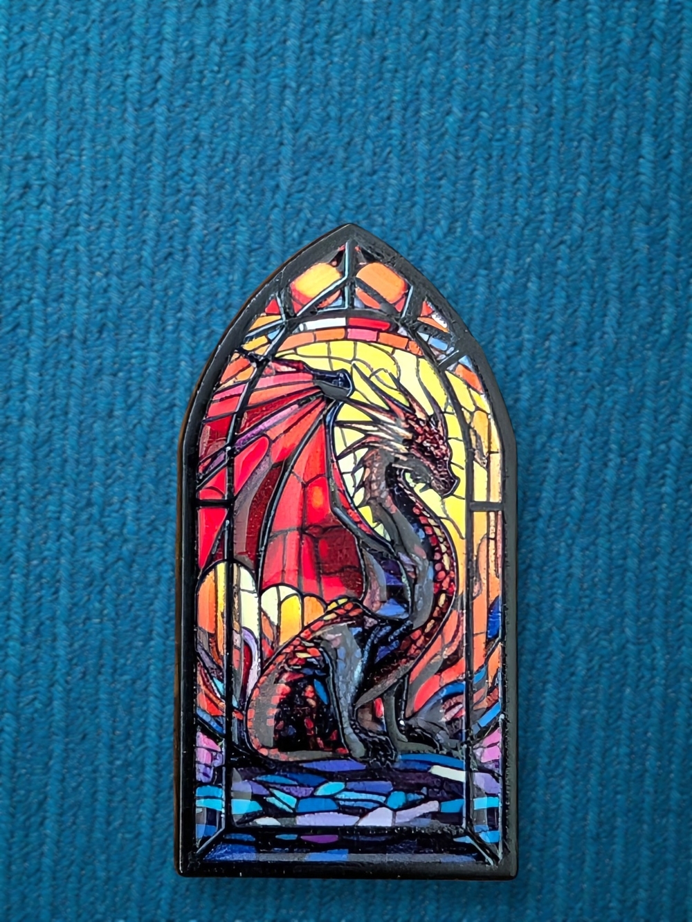 Stained-Glass Style Dragon Enamel — Red & Blue Accent